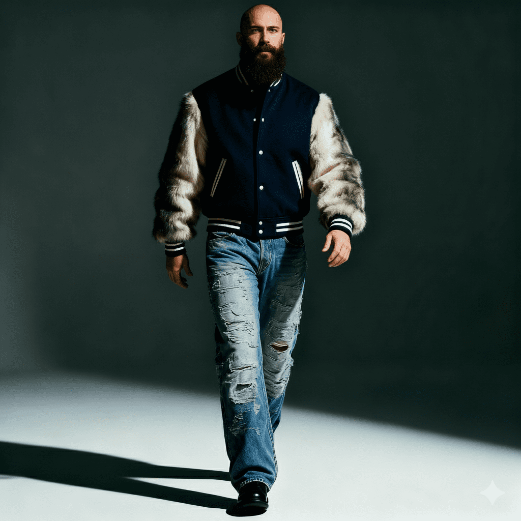 varsity jacket with fur sleeves